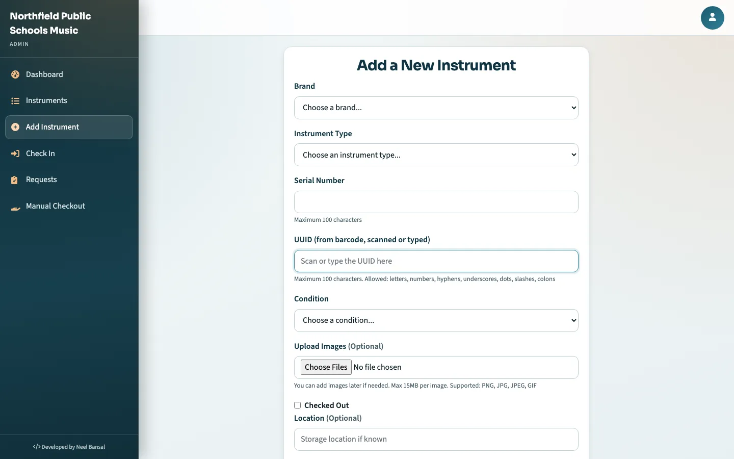 Add instrument form with photo upload