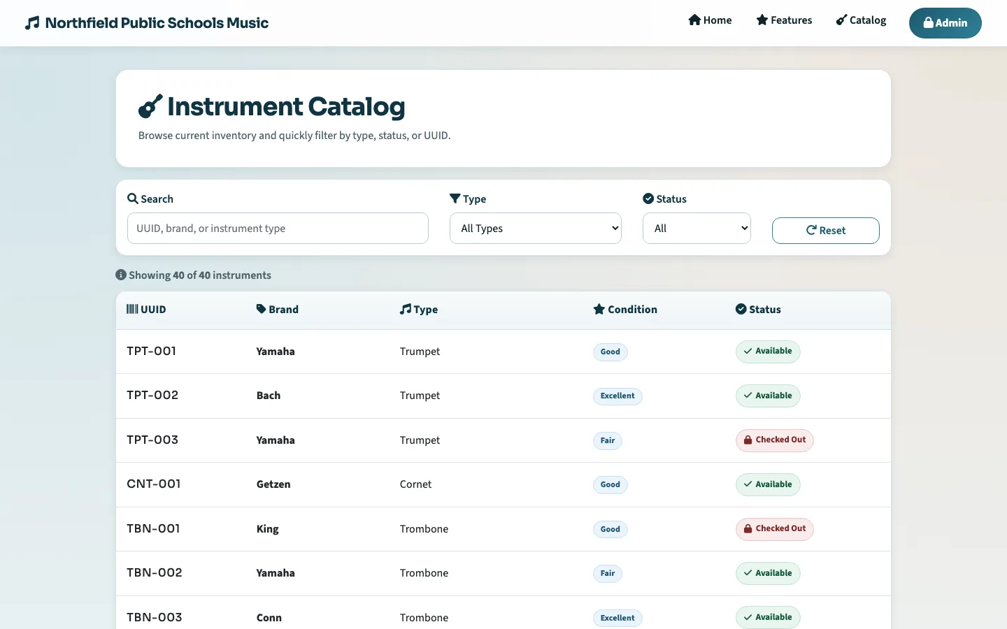 Public catalog page listing the school's instruments