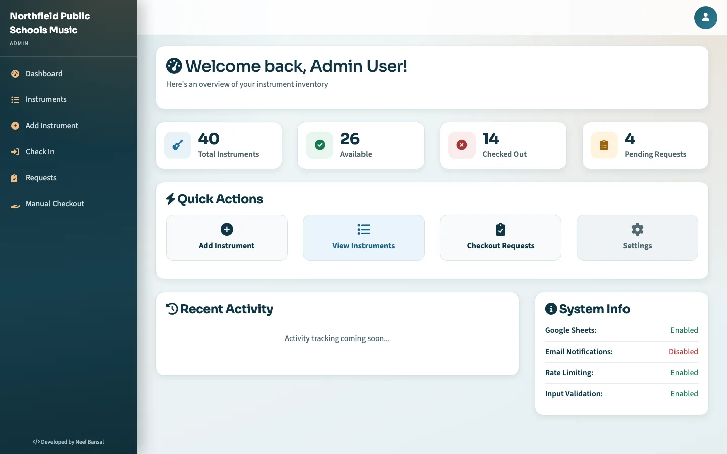 Director dashboard with instrument counts, pending requests and recent activity