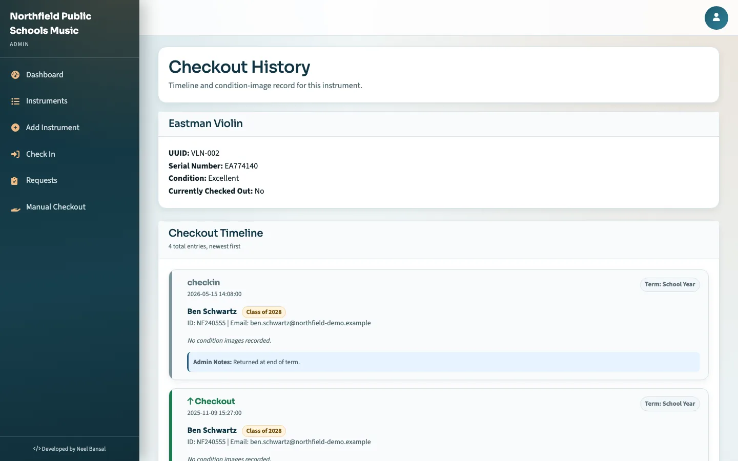 History of one instrument's checkouts and returns