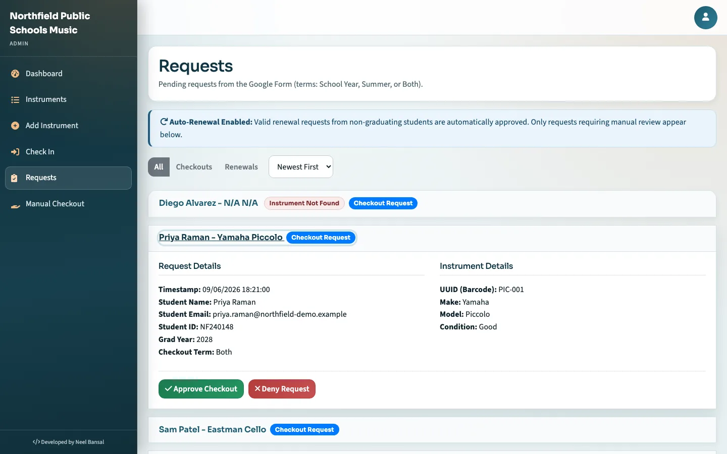 Queue of student checkout requests waiting for approval