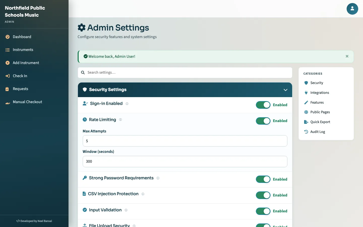 Admin settings page with collapsible sections